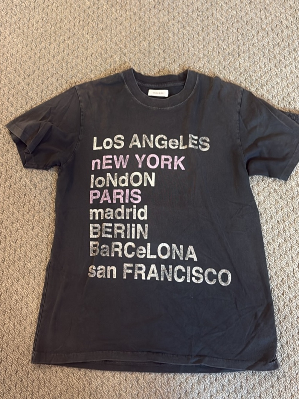 Anine Bing Black Graphic Tee with Pink & Silver City Print